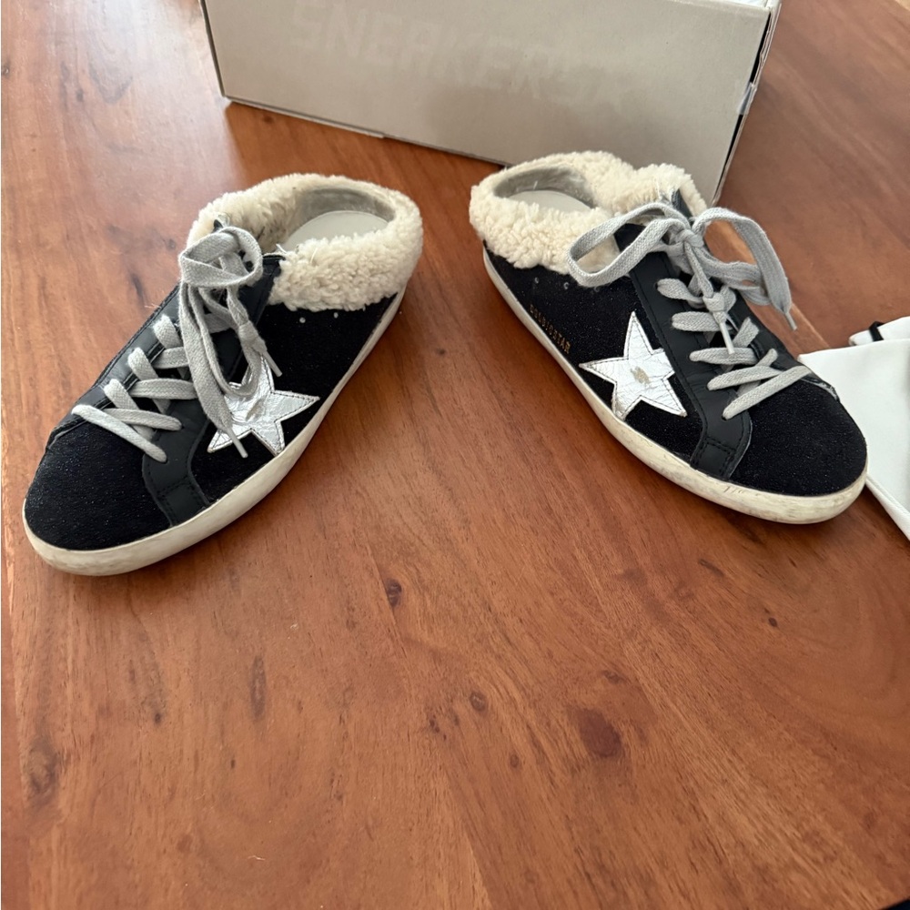 Golden goose black slip one with shearling insoles size 37